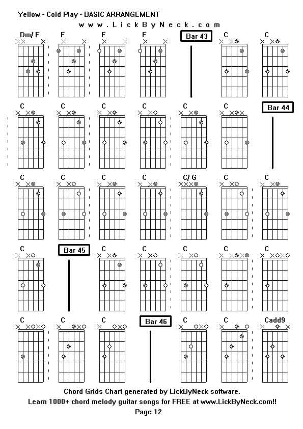 Chord Grids Chart of chord melody fingerstyle guitar song-Yellow - Cold Play - BASIC ARRANGEMENT,generated by LickByNeck software.